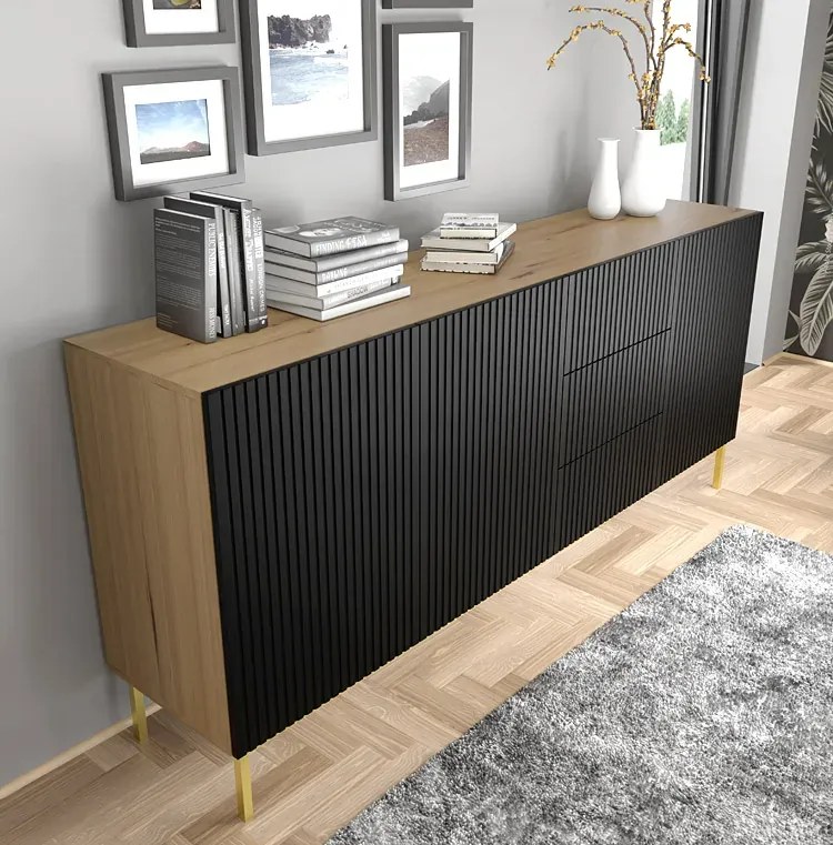Komoda z lamelami na złotej ramie artisan + czarny S2-W17