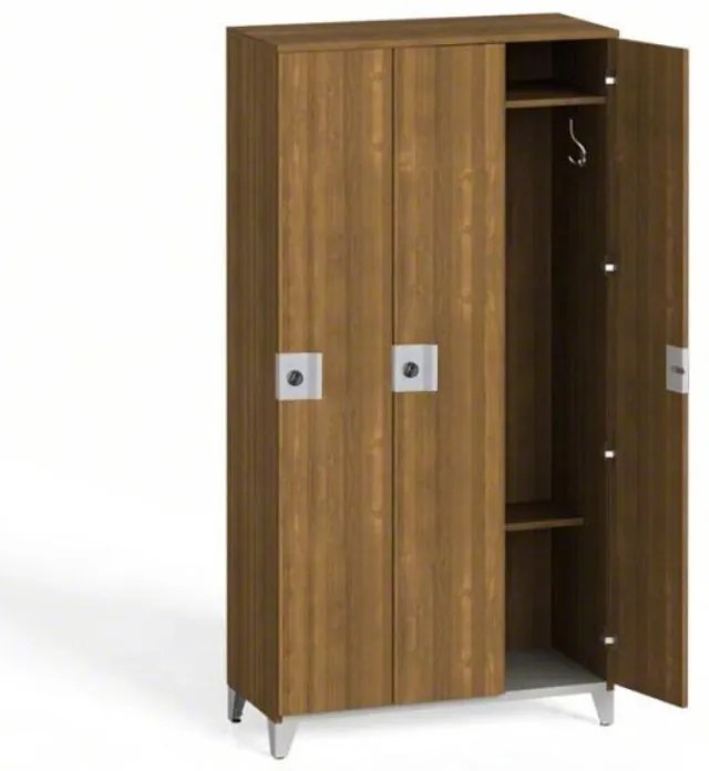 Drewniana szafka ubraniowa na nogach, 3-drzwiowa, 1750 x 900 x 400 mm, demontaż, zamek obrotowy, orzech