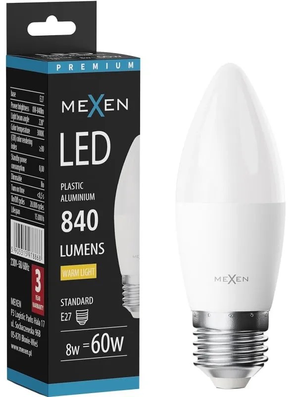 Mexen Nova żarówka LED E27, C37, 8W, Ciepła - 3000K, 840 lm - L102-E27-0830-01