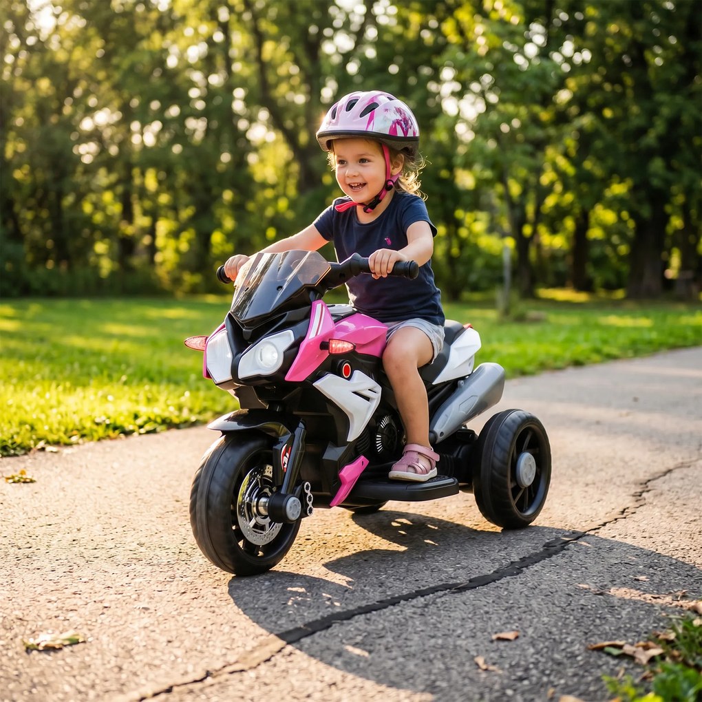 HOMCOM Elektryczny motocykl dziecięcy, światła i dźwięki, 3 km/h, akumulatorowy, tworzywo sztuczne i metal, Różowy/Biały | Aosom PL