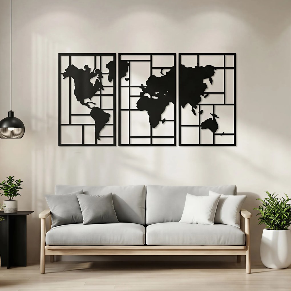 HOMCOM Dekoracja ścienna z metalu, 3 części, mapa świata, sztuka na ścianę do salonu, sypialni, przedpokoju, 50 x 80 cm, czarny | Aosom PL