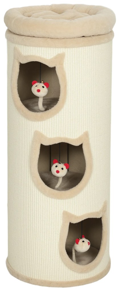 PawHut Beczka do drapania dla kotów, 96 cm, 4-poziomowa wieża z pralnym łóżkiem, 3 legowiska, wiszące zabawki, dla kilku kotów, szary