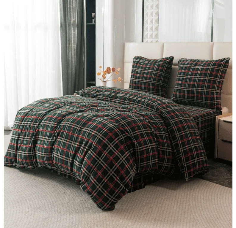 PrzytulneMieszkanie.pl PrzytulneMieszkanie.pl PrzytulneMieszkanie.pl Zestaw pościeli z mikropluszu GLENMOORE zielone + prześcieradło z mikropluszu SOFT 180x200 cm białe, podwójne łóżko