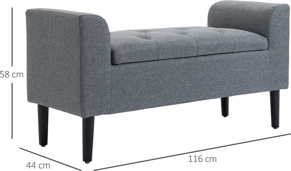 HOMCOM Ławka z miejscem do przechowywania, belastbar do 130 kg, wygląd lnu, drewno kauczukowe, 116 x 44 x 58 cm, Jasnoszary