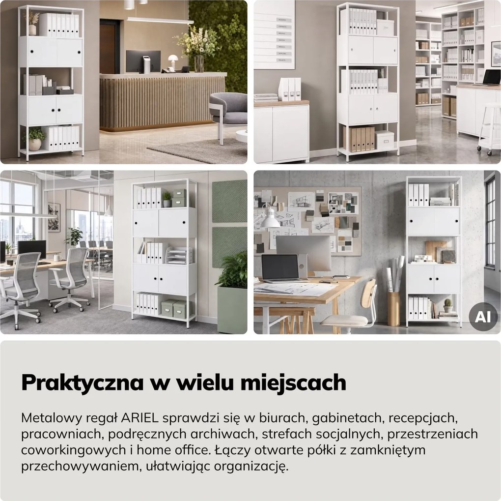 Regał biurowy metalowy z szafkami Ariel, 80x40x220 cm, biały
