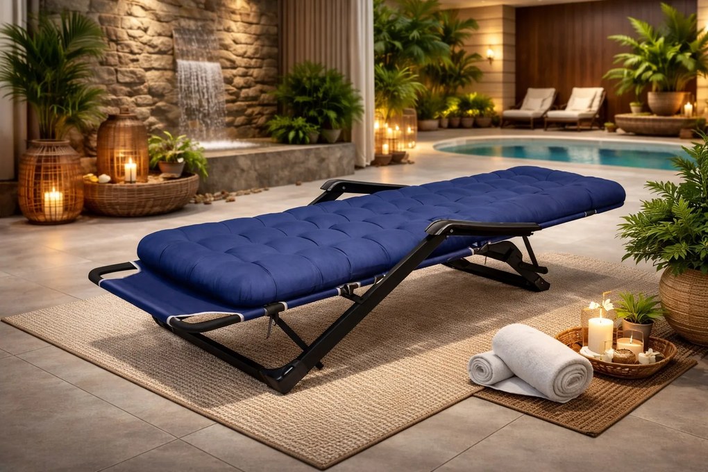 Leżak ogrodowy rozkładany Tossa, poduszka niebieska, stelaż czarny