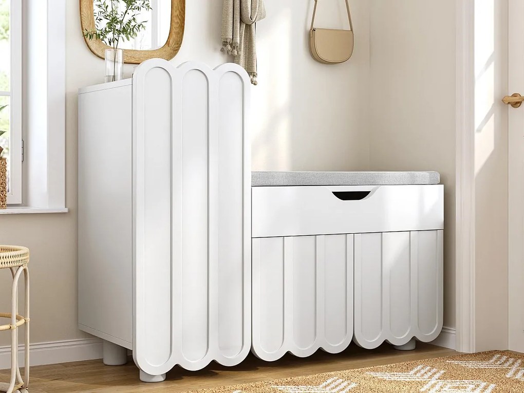 Nowoczesna szafa na buty - z 1 szufladą + poduszką do siedzenia - z 3 drzwiami - biała