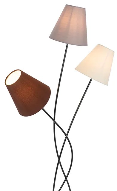 Designerska lampa podłogowa czarna z abażurami z tkaniny 3-światłowa - Melis Nowoczesny Oswietlenie wewnetrzne