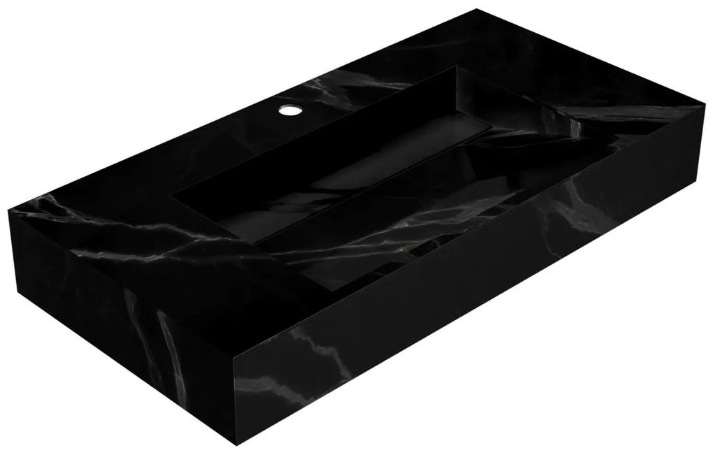Umywalka podwieszana TAKOTNA z twardego materiału marmuropodobnego w kolorze czarnym – 90,2 × 45,2 × 8 cm (dł. × szer. × wys.)