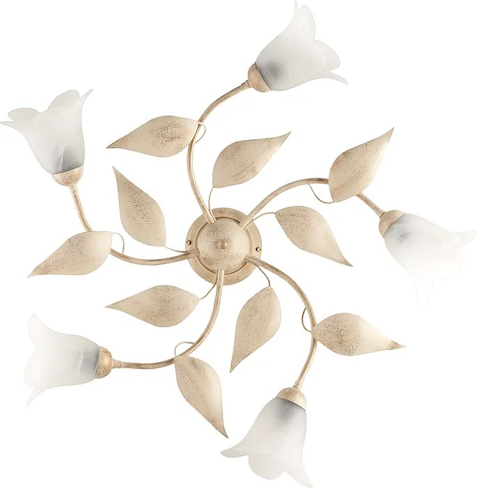 Olga – lampa sufitowa z lakierowanego żelaza w kolorze kości słoniowej, dekor stare złoto, klosze z białego alabastru Ø14 cm, 5 świateł, Ø70 cm