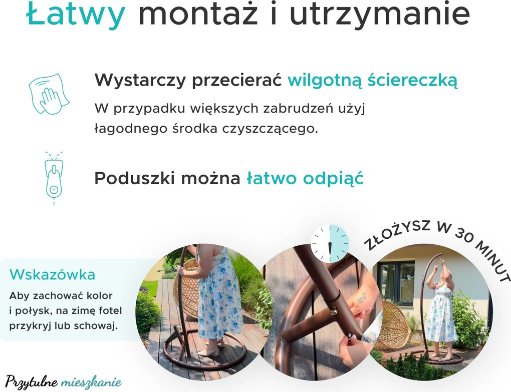 Fotel wiszący czarny KOKON ze stojakiem, szara poduszka