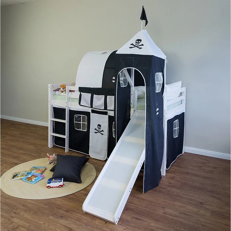 Łóżko piętrowe 207x150x97 cm białe czarne pirackie 1495