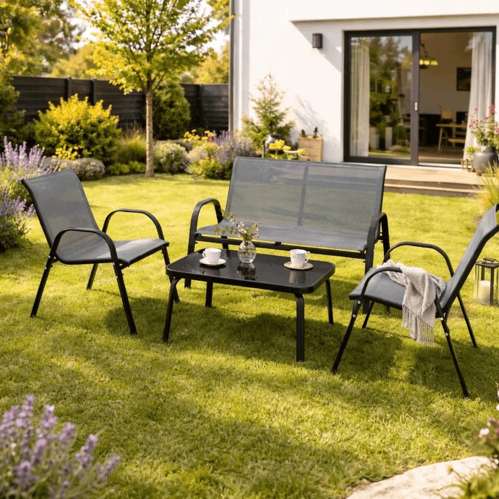 Zestaw Mebli Ogrodowych MINNESOTA Szary Ławka Krzesła Stolik Tarasowy Siatka Nowoczesny