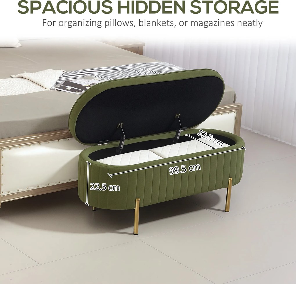 HOMCOM Ławka do przechowywania Owalna z 72L pojemności i otwieranym przykryciem w aksamicie i drewnie, 108x44x43,5 cm, Zielona