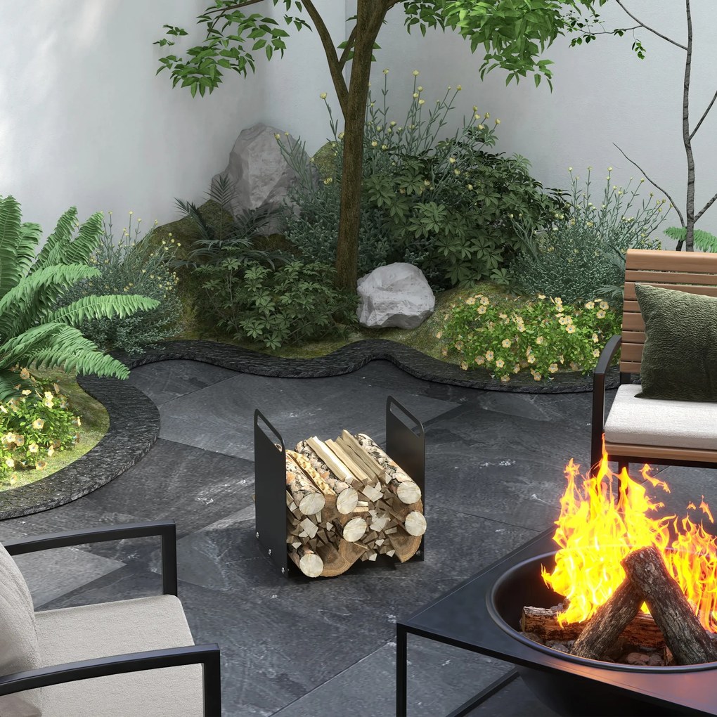 Outsunny Stojak na drewno kominkowe, 2 uchwyty, rama stalowa, do 30kg, 36x30x36cm, Czarny