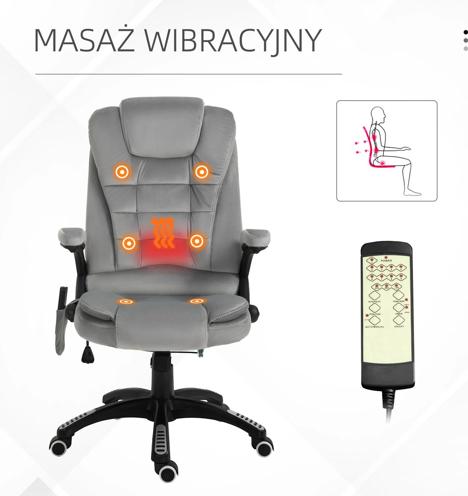 Vinsetto fotel biurowy do masażu krzesło obrotowe 6-punktowy masaż i ogrzewanie ergonomiczny odchylany do 130° z pilotem do 120 kg szary | Aosom PL