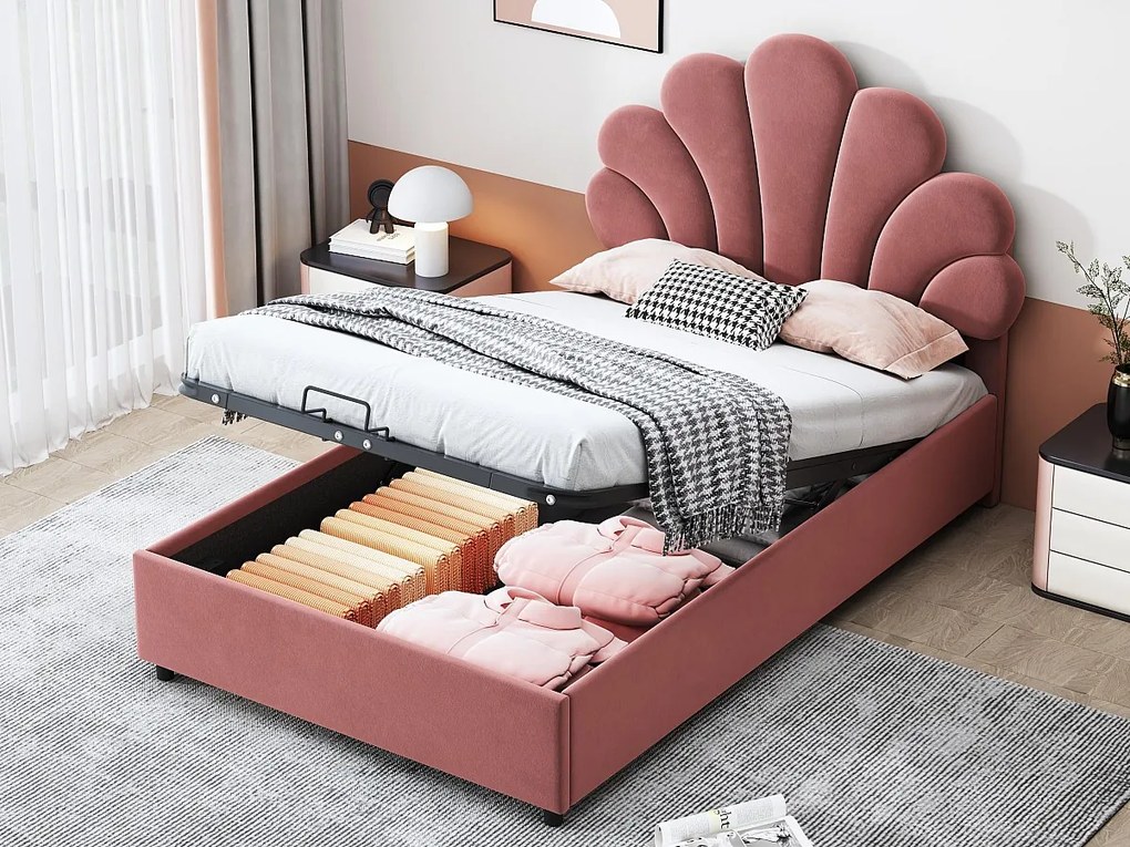 Łóżko z tapicerowanym welurowym zagłówkiem - 90x200cm - zagłówek w kształcie kwiatu - z stelażem na listwy - Różowe