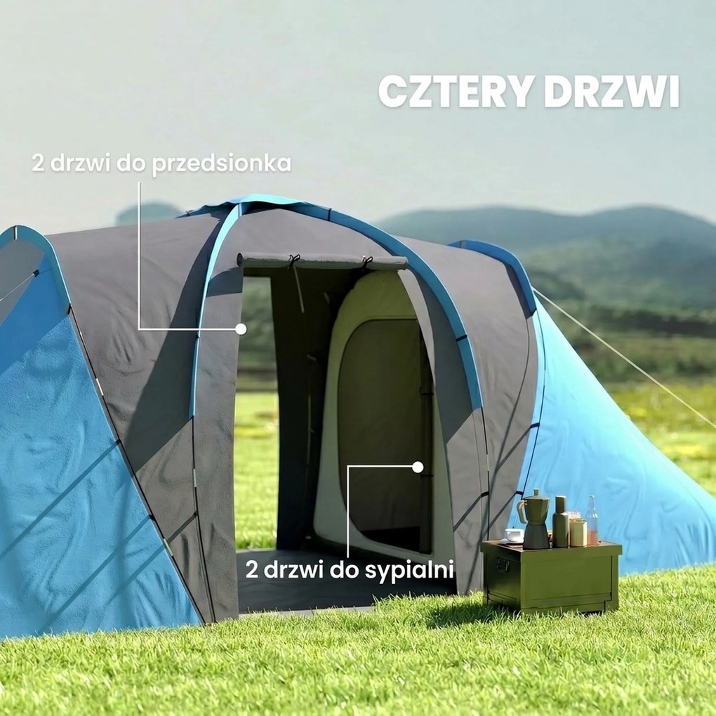 Outsunny Namiot tunelowy, wodoodporny 2000 mm, namiot kempingowy dla 4-6 osób z 2 sypialniami i torbą transportową, szaro-niebieski | Aosom PL