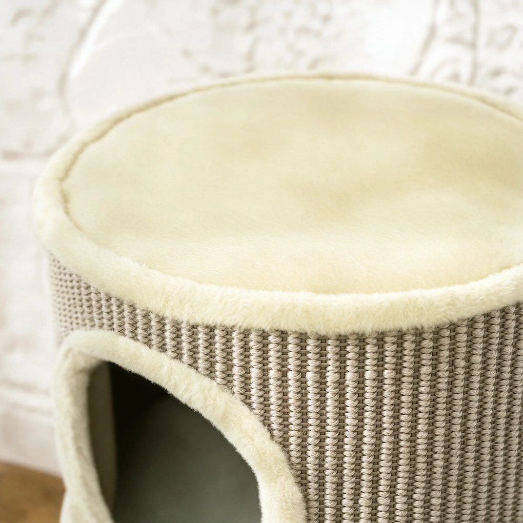 PawHut Beczka do drapania, wysokość 49 cm, Ø35,5 cm dwupoziomowa beczka z obszyciem z pluszu mata do drapania, 2 kryjówki Khaki+Kawowy