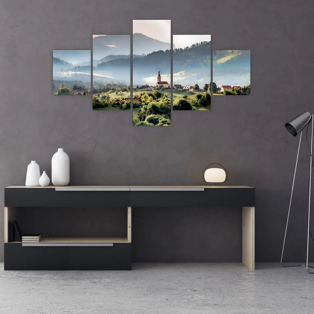 Obraz - wieś we mgle (125x70 cm)