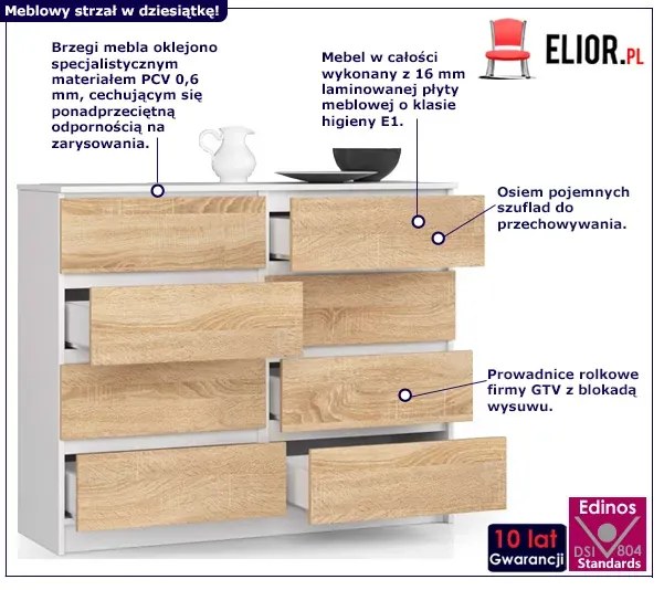 Komoda z szufladami biała + dąb sonoma Lionax