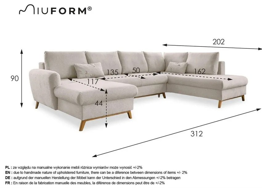 Ceglasta rozkładana sofa w kształcie litery "U" Miuform Scandic Lagom, prawostronna