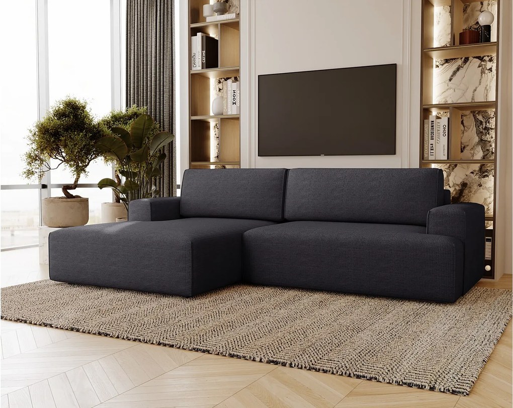 Emporius Boston narożnik rozkładany do salonu - sofa z funkcją spania, mały narożnik, pojemnik na pościel, lewostronny - narożnik czarny (Memphis 20)