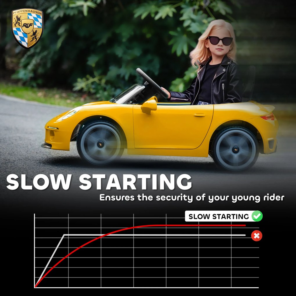 AIYAPLAY Elektryczne auto na akumulator dla dzieci z pilotem, MP3/USB, klakson, pas bezpieczeństwa — 3–5 lat, żółte