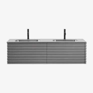Zestaw Wiszących Mebli Łazienkowych 160x50 Cm Z Drewna Z Wbudowanymi Umywalkami Noura Bezlusterkowiec & Nickel & 2 Szt. Czarny Matowy ↑20 Cm Z Zaworem
