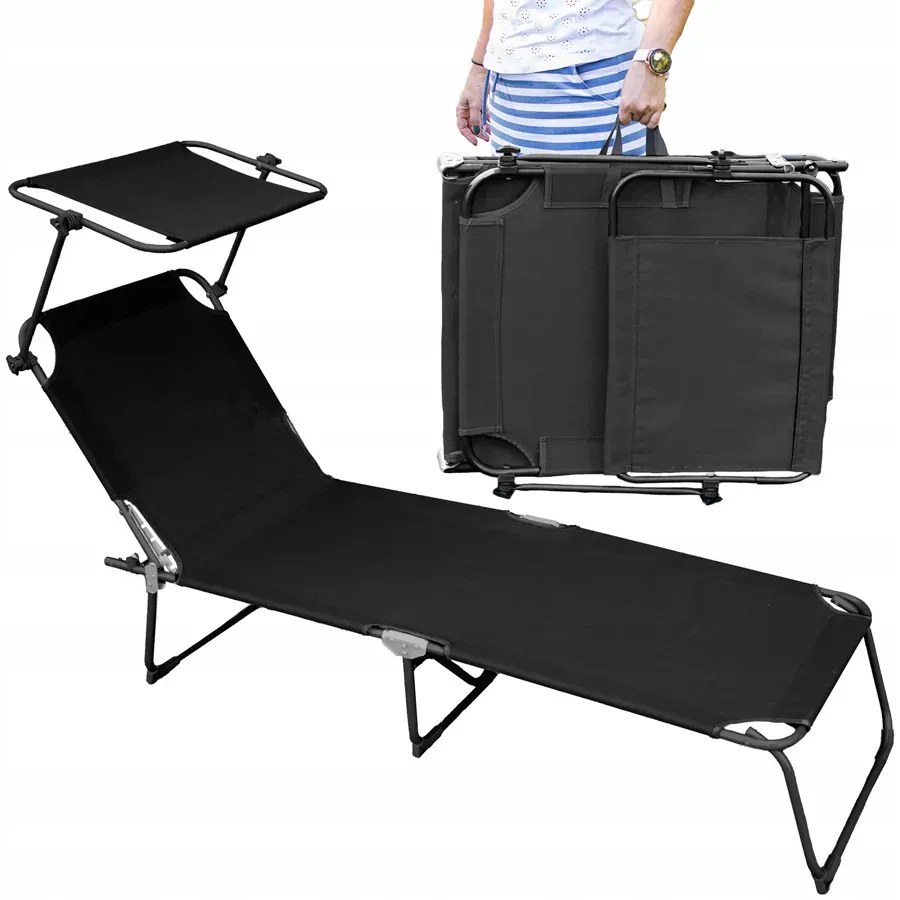 Czarny składany leżak z daszkiem W0-C16