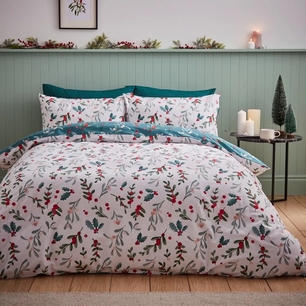 Biało-zielona flanelowa pościel dwuosobowa 200x200 cm Holly and Mistletoe – Catherine Lansfield