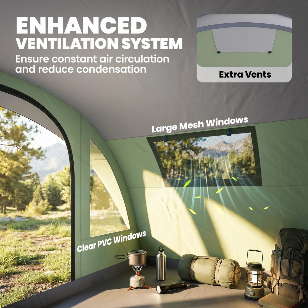 Outsunny Namiot tunelowy 4-osobowy, namiot rodzinny z 2 sypialniami, przedsionek, 4 okna, podłoga, wysokość stojąca, 3000 mm słupa wody | Aosom PL