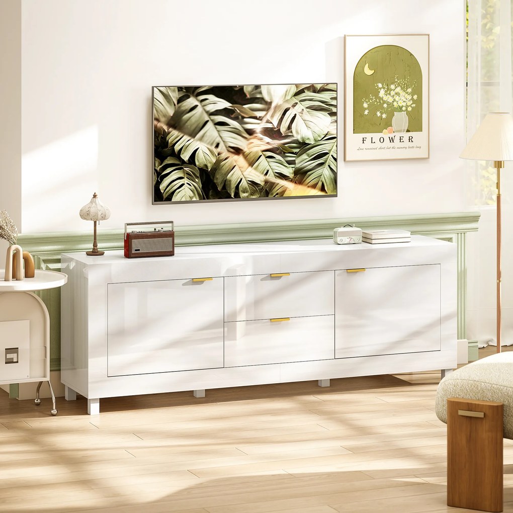 HOMCOM Szafka TV na telewizor do 190,5 cm, nowoczesne centrum rozrywki z 2 schowkami i 2 szufladami, biały wysoki połysk | Aosom PL