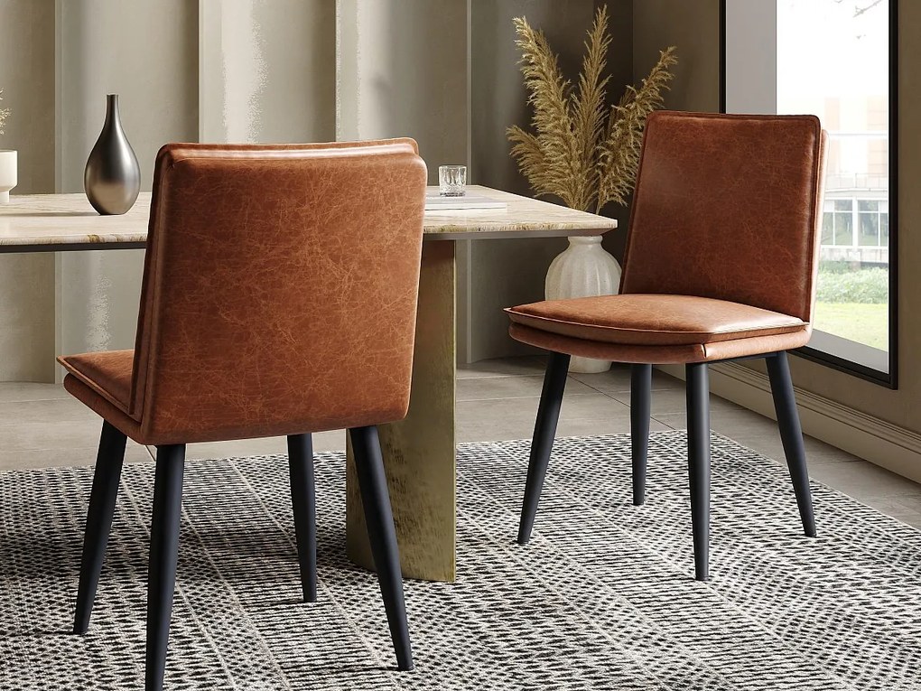 Zestaw 2 krzeseł do jadalni - Podwójne poduszki - Tkanina PU - Nogi metalowe - Brązowy
