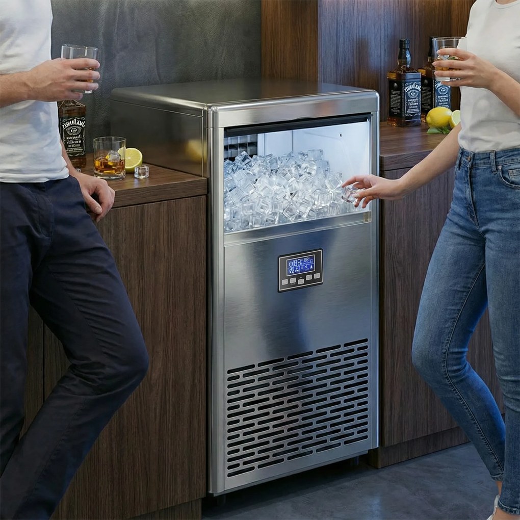 HOMCOM Komercyjna Maszyna do Lodu 45 kg/24H, Stal Nierdzewna, 15 kg Pojemności, Funkcja Samoczyszczenia, Srebrna | Aosom PL
