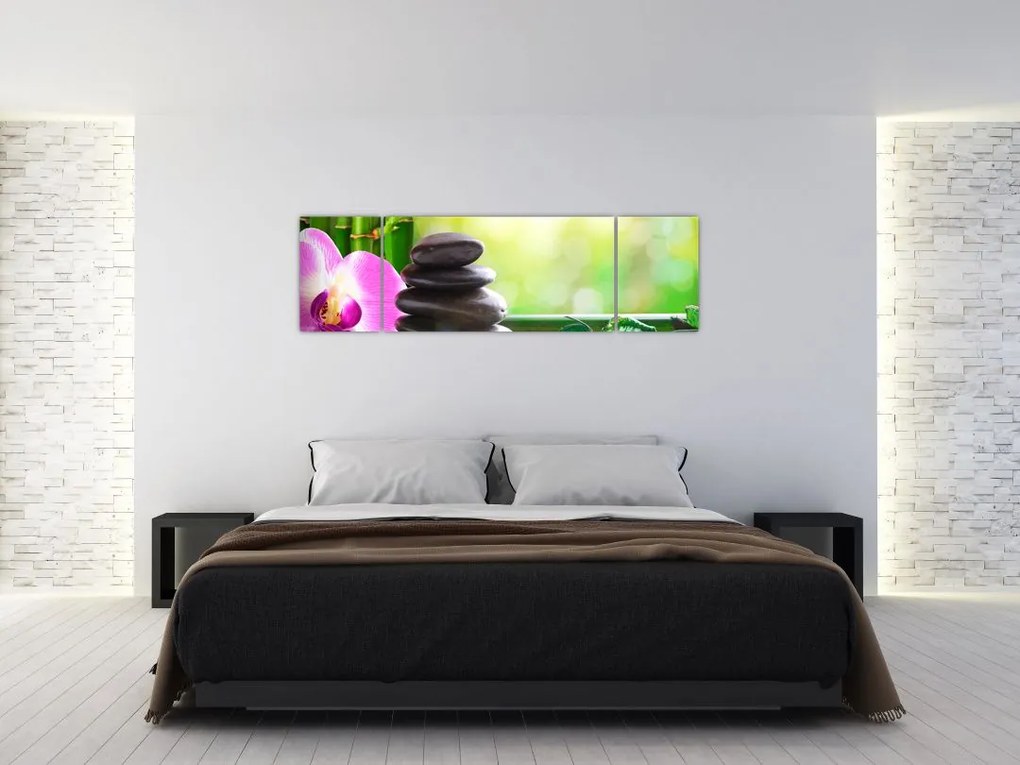 Obraz kamieni do masażu i storczyków na wodzie (170x50 cm)