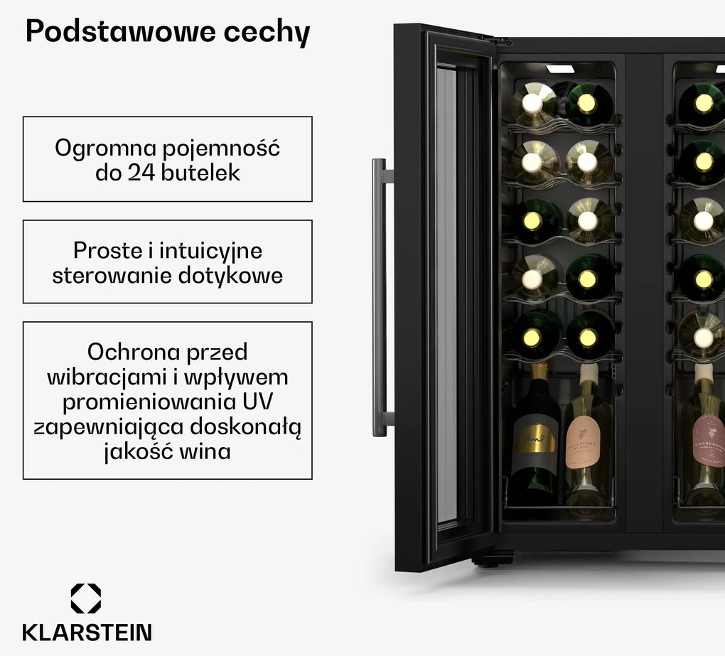 Klarstein Shiraz 49cm 24 Butelki Winiarka Dwustrefowa Czarny