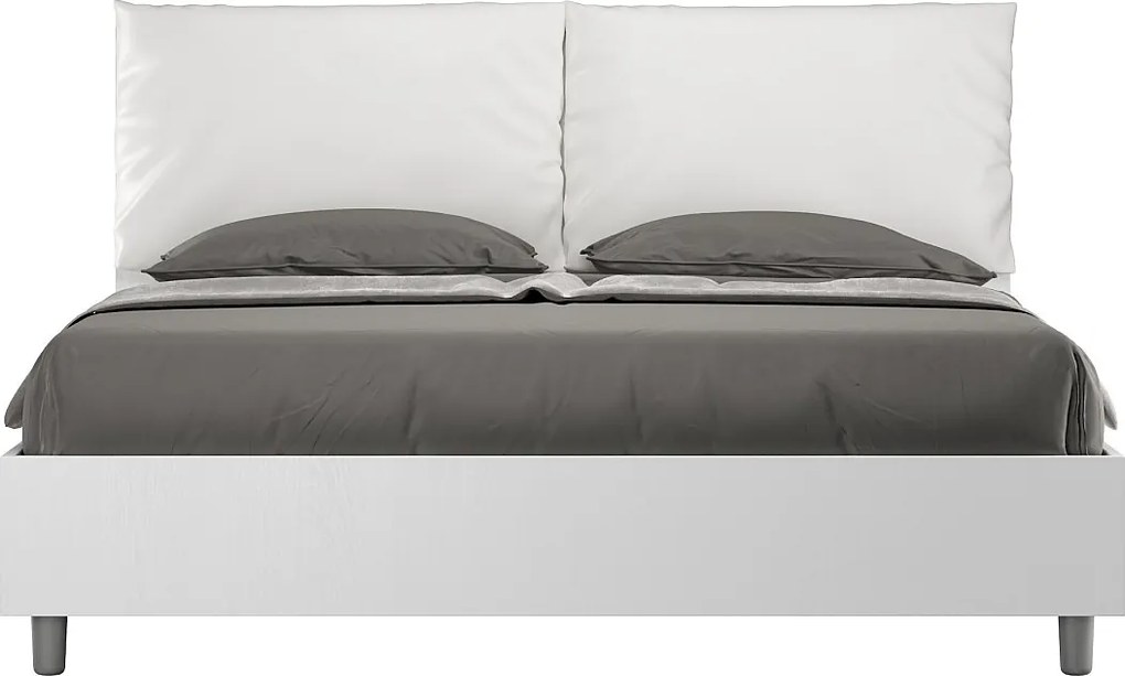 Łóżko podwójne z pojemnikiem na pościel, podnoszone podwójnie, 160x200 cm, drewno jesionowe białe, poduszki z białej skóry ekologicznej, Egos Antea