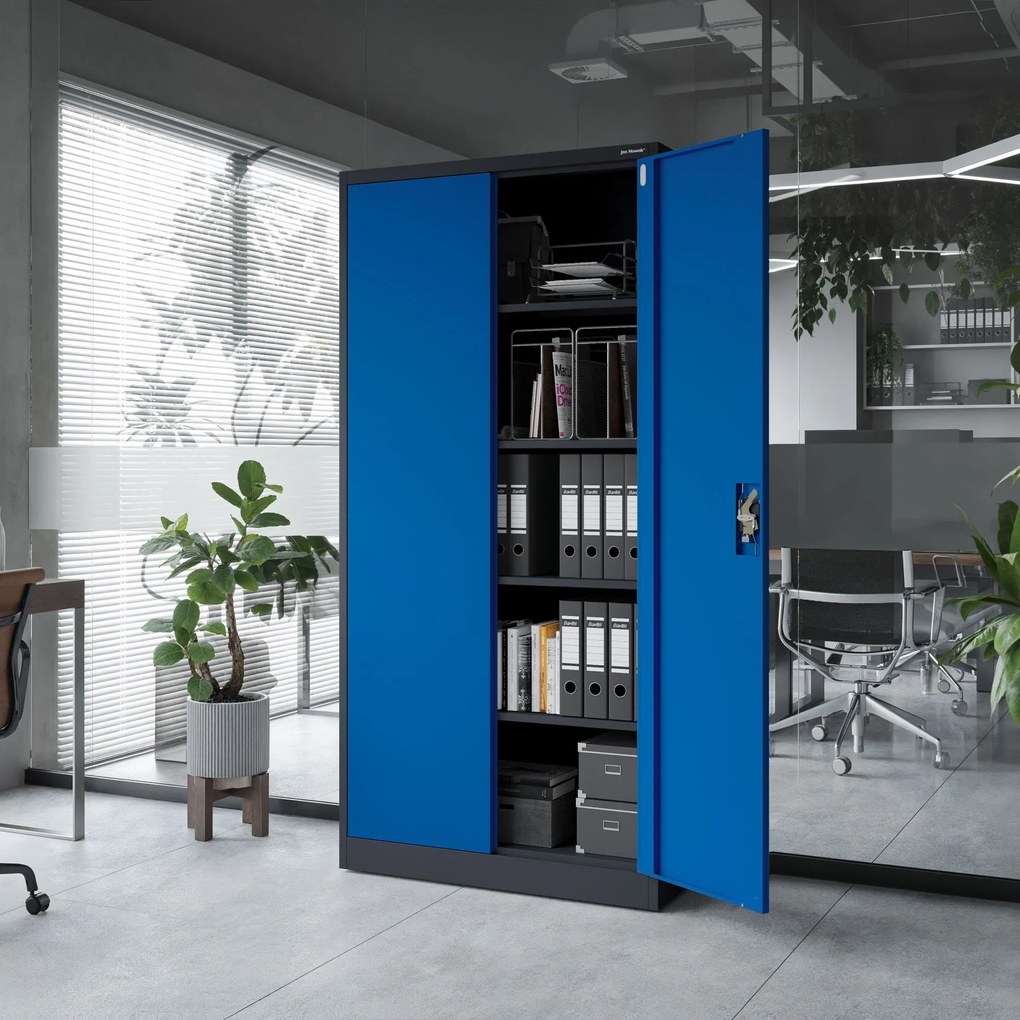 Biurowa szafa metalowa na akta JAN, 900 x 1850 x 400 mm, antracytowo-niebieska