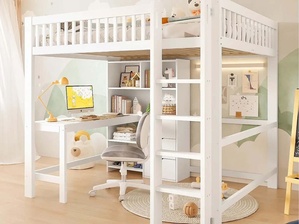 Łóżko na antresoli 140x200 cm - liczne schowki - z drabiną + biurkiem - z 3 szufladami - biały (materac nie jest dołączony)