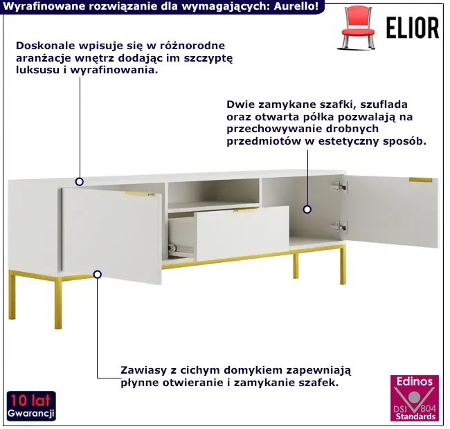 Biała szafka RTV ze złotymi zdobieniami 175 cm - Pascal 6X