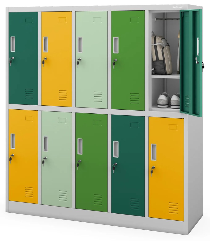 Szafka szkolna BHP szaro-wielokolorowa: 10-drzwiowa BARTUŚ, 1360 x 1500 x 450 mm