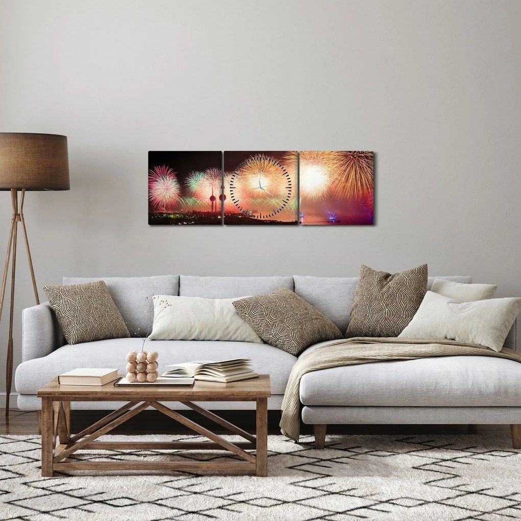 Obraz fajerwerków (z zegarem) (90x30 cm)