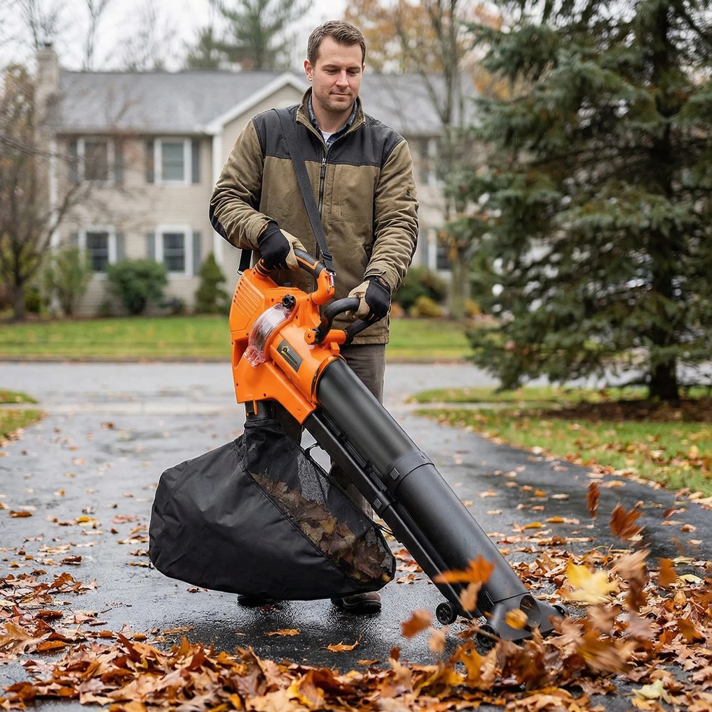 Outsunny Elektryczna dmuchawa i odkurzacz do liści 3000W 3 w 1 z workiem 40L, 4 kołami, regulowanym paskiem na ramię, pomarańczowy | Aosom PL