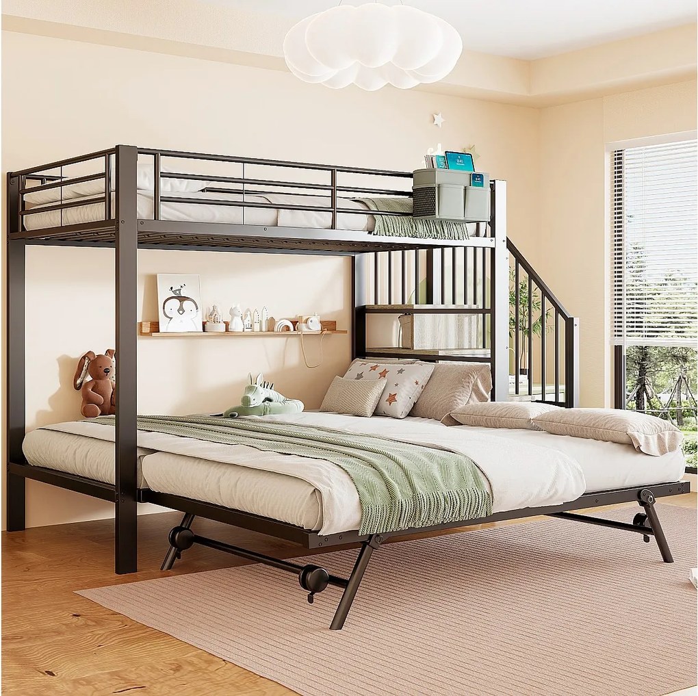 Łóżko piętrowe dla dzieci - 90 x 200 cm + 90(180) x 200 cm - rama żelazna - łóżko wysuwane - drabinka ze schowkiem - metal - czarne