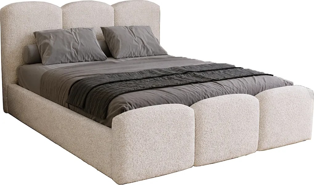 Łóżko tapicerowane 200x200 cm Capri - pojemnik, stelaż drewniany - tkanina boucle, kremowy (Lambi 1)