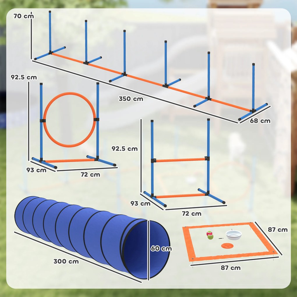 PawHut Zestaw treningowy Agility dla psów, 8-częściowy zestaw z tunelem, tyczkami slalomu, regulowanymi przeszkodami, obręczą do skoków, miską | Aosom PL