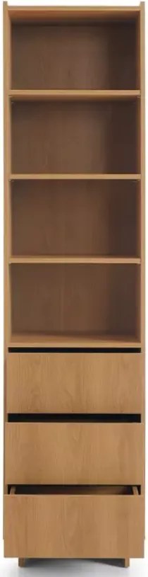 Regał na książki Vabres z szufladami 50x200 cm dąb karmel nowoczesny push-to-open skandynawski stojący 3 półki 3 szuflady
