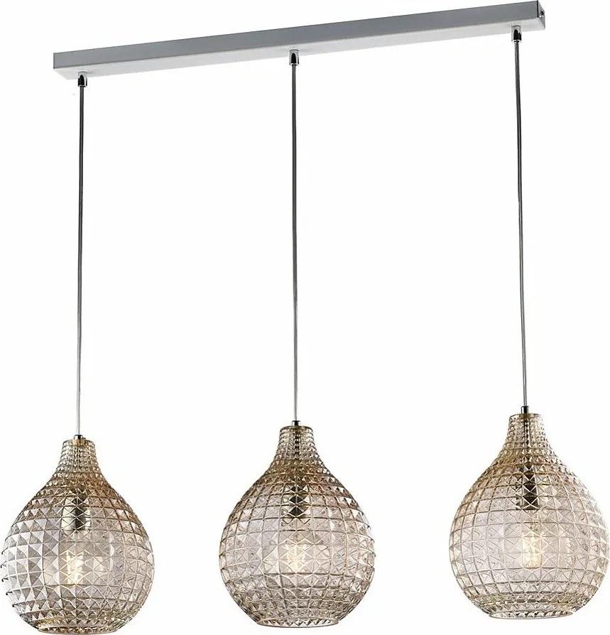 Szyna Diamante Track z białego lakierowanego żelaza i chromowanej ramy, regulowane kable, dyfuzory z bursztynowego szkła dmuchanego, 3 światła