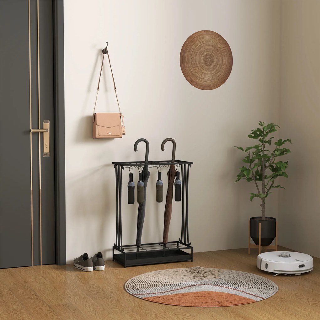 HOMCOM Stojak na parasole z wyjmowaną tacką ociekową, 21 otworów i 24 haczyki, Stal, Czarny